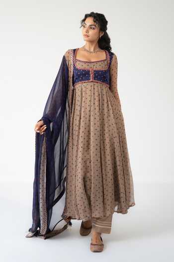 BAISE GABA_Beige Chiffon, Muslin Embroidery, Printed Square Veena Anarkali Set With Jacket _at_Aza_Fashions