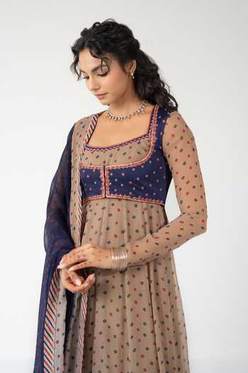 Shop_BAISE GABA_Beige Chiffon, Muslin Embroidery, Printed Square Veena Anarkali Set With Jacket 