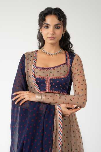 BAISE GABA_Beige Chiffon, Muslin Embroidery, Printed Square Veena Anarkali Set With Jacket _Online