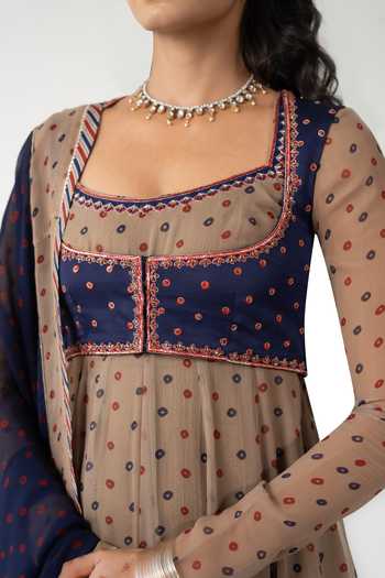 Shop_BAISE GABA_Beige Chiffon, Muslin Embroidery, Printed Square Veena Anarkali Set With Jacket _Online