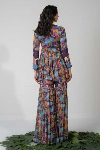 Shop_Baise Gaba_Purple Chiffon, Lurex, Satin, Modal Tassels Saras Printed Angarkha And Gharara Set _at_Aza_Fashions