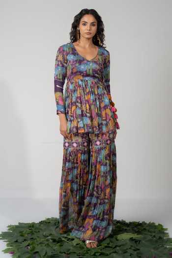 Shop_Baise Gaba_Purple Chiffon, Lurex, Satin, Modal Tassels Saras Printed Angarkha And Gharara Set _Online_at_Aza_Fashions