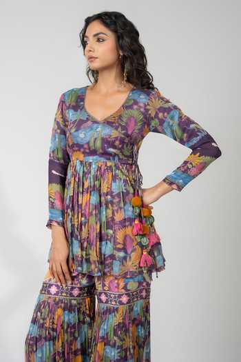 Shop_Baise Gaba_Purple Chiffon, Lurex, Satin, Modal Tassels Saras Printed Angarkha And Gharara Set 