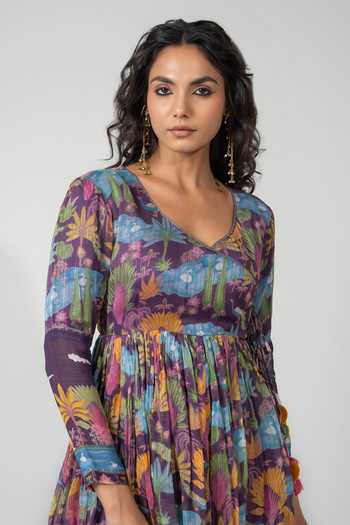Baise Gaba_Purple Chiffon, Lurex, Satin, Modal Tassels Saras Printed Angarkha And Gharara Set _Online