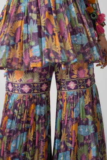 Buy_Baise Gaba_Purple Chiffon, Lurex, Satin, Modal Tassels Saras Printed Angarkha And Gharara Set _Online