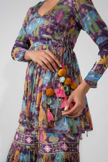 Shop_Baise Gaba_Purple Chiffon, Lurex, Satin, Modal Tassels Saras Printed Angarkha And Gharara Set _Online