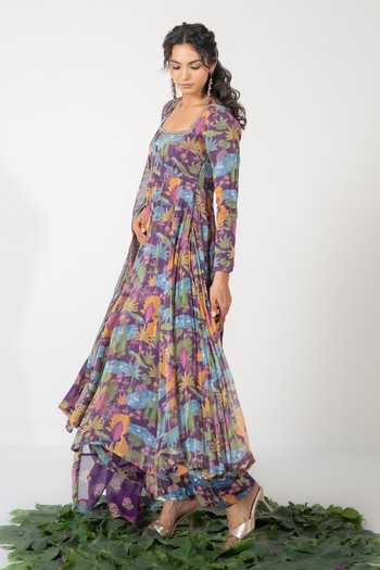 Baise Gaba_Purple Chiffon, Satin, Modal, Lurex Embroidery, Beads Zeeva Printed Anarkali Set _Online_at_Aza_Fashions