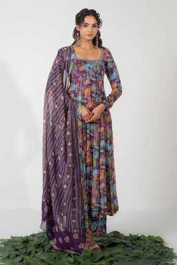 Buy_Baise Gaba_Purple Chiffon, Satin, Modal, Lurex Embroidery, Beads Zeeva Printed Anarkali Set _at_Aza_Fashions
