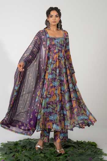 Shop_Baise Gaba_Purple Chiffon, Satin, Modal, Lurex Embroidery, Beads Zeeva Printed Anarkali Set _Online_at_Aza_Fashions