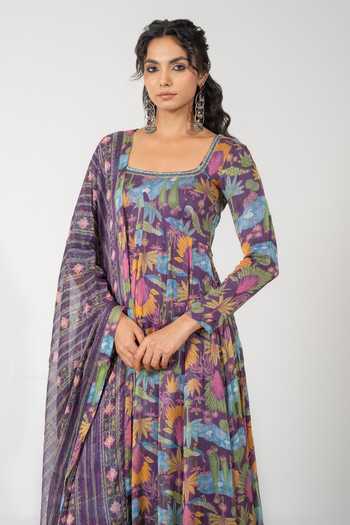 Shop_Baise Gaba_Purple Chiffon, Satin, Modal, Lurex Embroidery, Beads Zeeva Printed Anarkali Set 