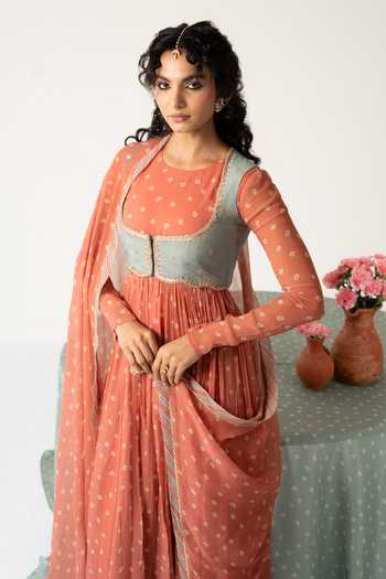 Buy_Baise Gaba_Orange Chiffon, Muslin Patchwork Aarohi Bandhej Print Anarkali Set With Jacket _Online_at_Aza_Fashions