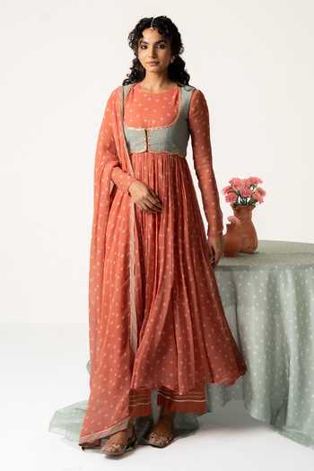 Buy_Baise Gaba_Orange Chiffon, Muslin Patchwork Aarohi Bandhej Print Anarkali Set With Jacket _at_Aza_Fashions