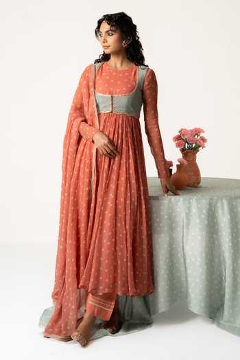 Shop_Baise Gaba_Orange Chiffon, Muslin Patchwork Aarohi Bandhej Print Anarkali Set With Jacket _Online_at_Aza_Fashions