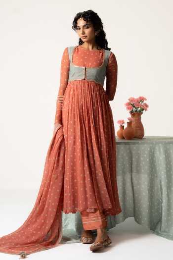Baise Gaba_Orange Chiffon, Muslin Patchwork Aarohi Bandhej Print Anarkali Set With Jacket _at_Aza_Fashions