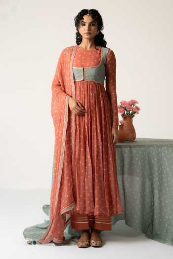 Shop_Baise Gaba_Orange Chiffon, Muslin Patchwork Aarohi Bandhej Print Anarkali Set With Jacket 