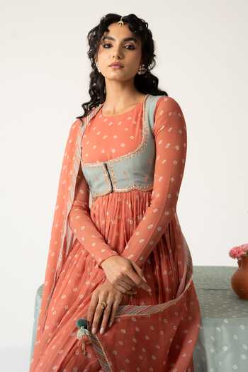 Shop_Baise Gaba_Orange Chiffon, Muslin Patchwork Aarohi Bandhej Print Anarkali Set With Jacket _Online