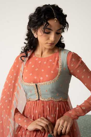 Baise Gaba_Orange Chiffon, Muslin Patchwork Aarohi Bandhej Print Anarkali Set With Jacket 