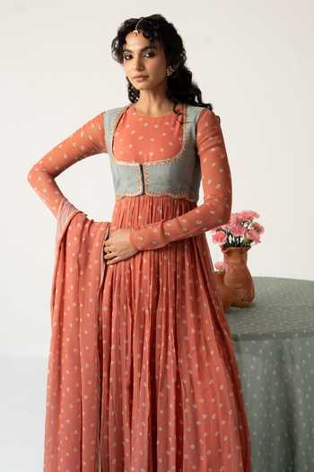 Baise Gaba_Orange Chiffon, Muslin Patchwork Aarohi Bandhej Print Anarkali Set With Jacket 