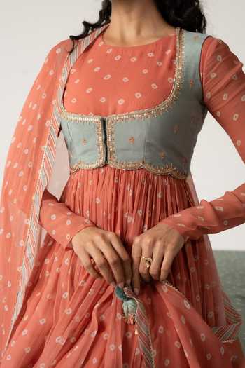 Baise Gaba_Orange Chiffon, Muslin Patchwork Aarohi Bandhej Print Anarkali Set With Jacket 