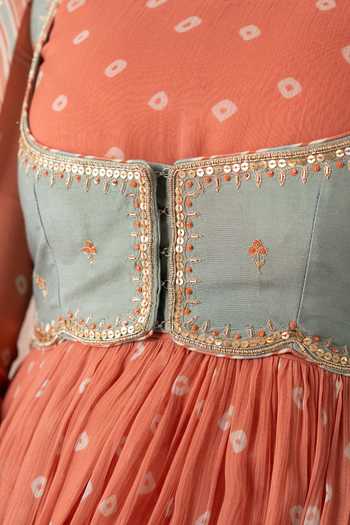 Baise Gaba_Orange Chiffon, Muslin Patchwork Aarohi Bandhej Print Anarkali Set With Jacket 