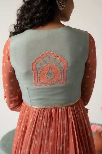 Baise Gaba_Orange Chiffon, Muslin Patchwork Aarohi Bandhej Print Anarkali Set With Jacket 