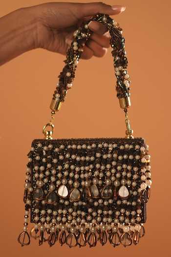Shop_Bijoux By Priya Chandna_White Embroidery, Pearls, Stones, Fringe Smoke Bag _at_Aza_Fashions