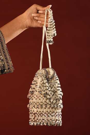 Shop_Bijoux By Priya Chandna_White Embroidery, Beads, Pearls, Crystals Nano Potli _at_Aza_Fashions