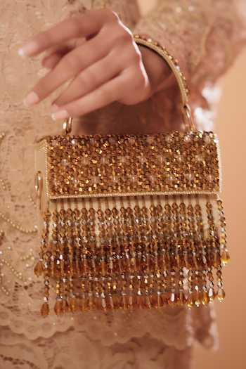 Bijoux By Priya Chandna_Gold Embroidery, Beads, Crystals, Fringe Box Mini Clutch _Online_at_Aza_Fashions