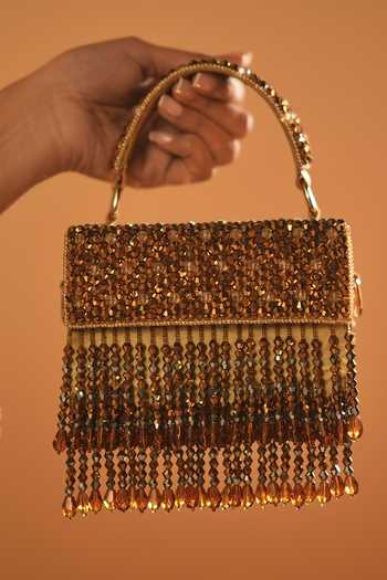 Shop_Bijoux By Priya Chandna_Gold Embroidery, Beads, Crystals, Fringe Box Mini Clutch _at_Aza_Fashions
