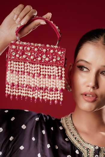 Buy_Bijoux By Priya Chandna_Pink Embroidery, Beads, Pearls, Stones, Crystals, Fringe, Rani Mini Clutch _at_Aza_Fashions