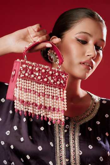 Shop_Bijoux By Priya Chandna_Pink Embroidery, Beads, Pearls, Stones, Crystals, Fringe, Rani Mini Clutch _Online_at_Aza_Fashions