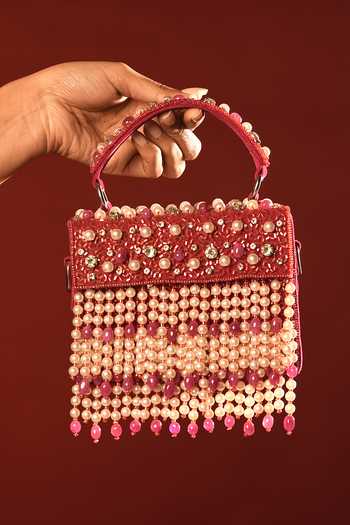 Shop_Bijoux By Priya Chandna_Pink Embroidery, Beads, Pearls, Stones, Crystals, Fringe, Rani Mini Clutch _at_Aza_Fashions