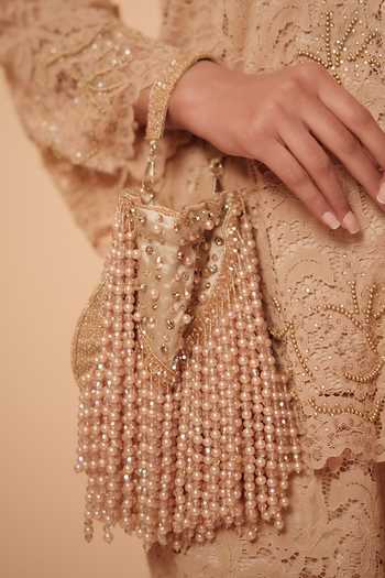 Shop_Bijoux By Priya Chandna_Gold Embroidery, Pearls, Crystals, Fringe Potli _at_Aza_Fashions