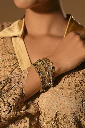 Bijoux By Priya Chandna_Green Beads, Crystals Rangrez Multi-row Bracelet _at_Aza_Fashions