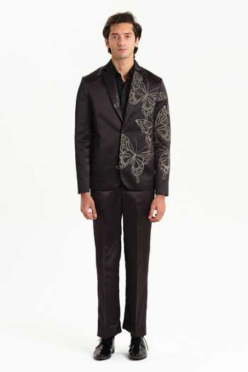 House Of Koa_Black Satin Embroidery Pappilon Blazer Pant Set _Online_at_Aza_Fashions