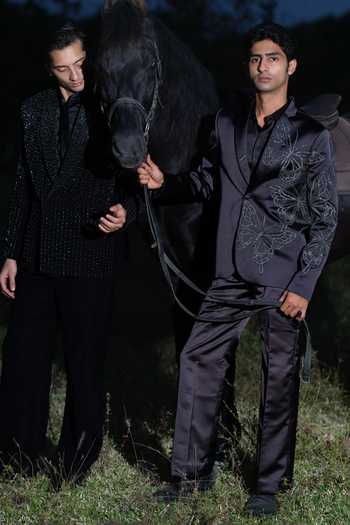 Buy_House Of Koa_Black Satin Embroidery Pappilon Blazer Pant Set _at_Aza_Fashions