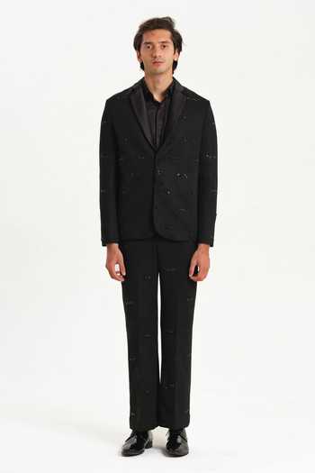 Shop_House Of Koa_Black Suede, Satin Embroidery Felix Embellished Blazer Set _at_Aza_Fashions