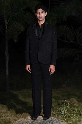 Buy_House Of Koa_Black Suede, Satin Embroidery Felix Embellished Blazer Set _at_Aza_Fashions