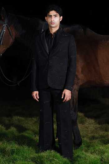 House Of Koa_Black Suede, Satin Embroidery Felix Embellished Blazer Set _at_Aza_Fashions