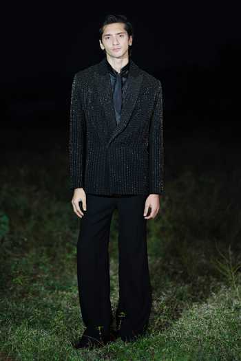Buy_House Of Koa_Black Satin Embroidery Linea Noir Embellished Blazer Set _at_Aza_Fashions