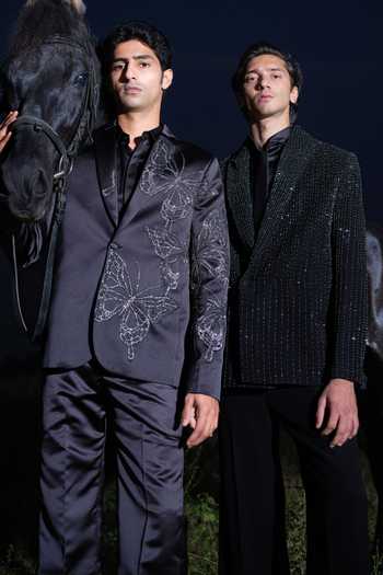 Shop_House Of Koa_Black Satin Embroidery Linea Noir Embellished Blazer Set _Online_at_Aza_Fashions