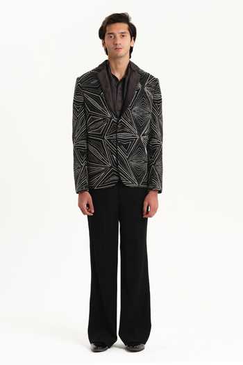 Shop_House Of Koa_Black Satin Embroidery Theo Blazer Set _at_Aza_Fashions