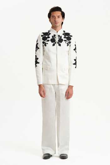 House Of Koa_Black Satin, Linen Embroidery Noir Rose Pattern Bandhgala Set _Online_at_Aza_Fashions