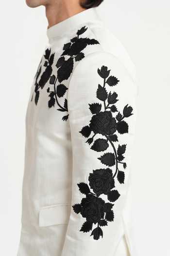 House Of Koa_Black Satin, Linen Embroidery Noir Rose Pattern Bandhgala Set _at_Aza_Fashions