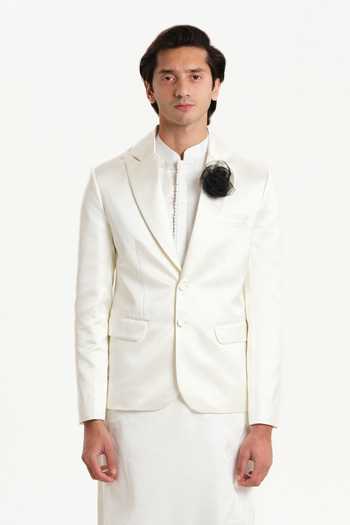 House Of Koa_White Satin, Silk Eon Blazer And Kurta Set _Online_at_Aza_Fashions