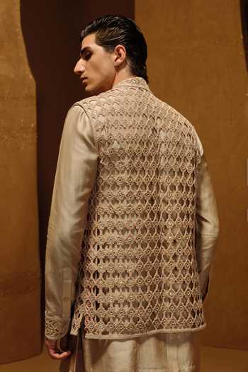 Shop_Amaare_Beige Silk, Organza Embroidery, Beads, Cut Work, Gota Noor Bundi And Kurta Set _at_Aza_Fashions