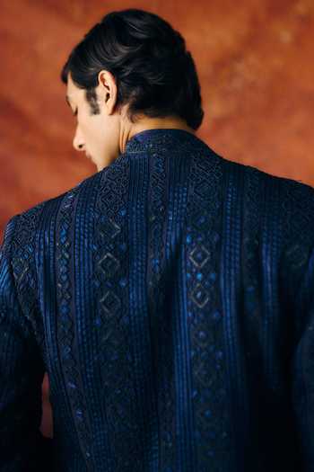Shop_Amaare_Blue Silk, Organza, Wool Embroidery, Sequins, Yantra Sherwani And Kurta Set _at_Aza_Fashions