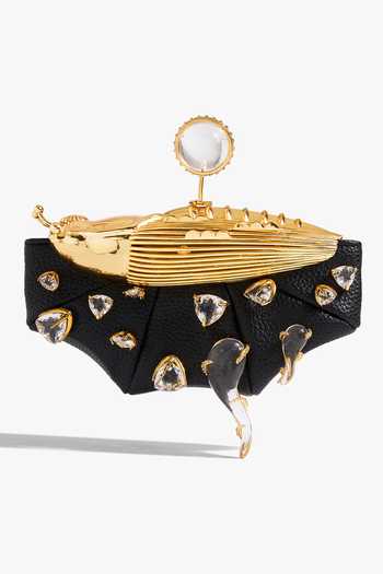 Shop_Outhouse_Black Stones, Crystals The Koko Vegan Leather Clutch _at_Aza_Fashions