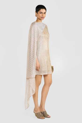 Perona_Gold Polyester High Neck Haruka Shimmer Finish Dress _Online_at_Aza_Fashions