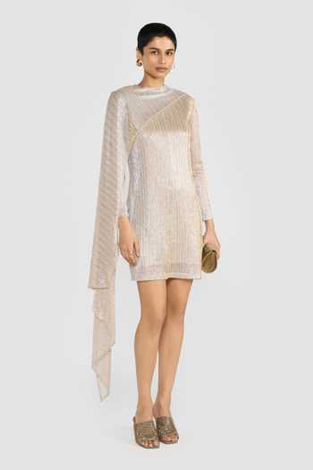 Buy_Perona_Gold Polyester High Neck Haruka Shimmer Finish Dress _at_Aza_Fashions